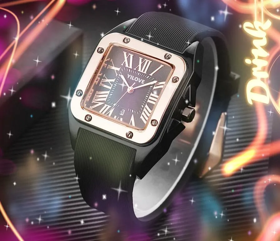 Bling Hip Hop Full Iced Out Watch Mulheres homens quadrados Dial romano quartzo Relógios da semana Data do dia do dia de borracha Cinturão Men feminino Popular Gifts Wristwatch Relogio Masculino