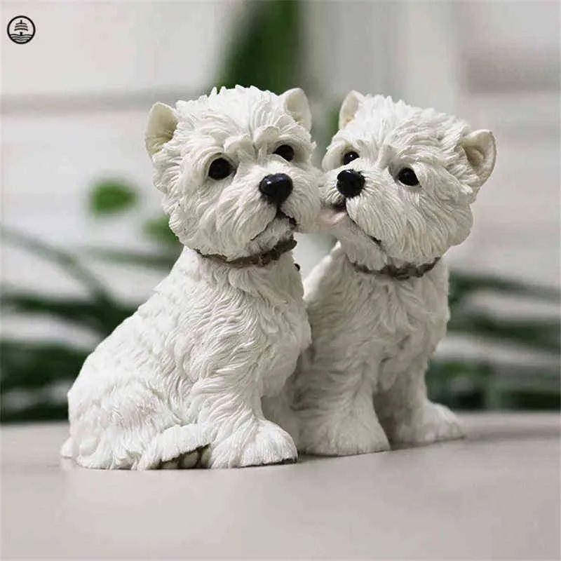 Figurine decorative West Highland Couples Dog Art Statue Statuetta animale astratta Mestiere in resina Decorazioni per la casa nordica Scultura Camera Decorazione per auto Regalo