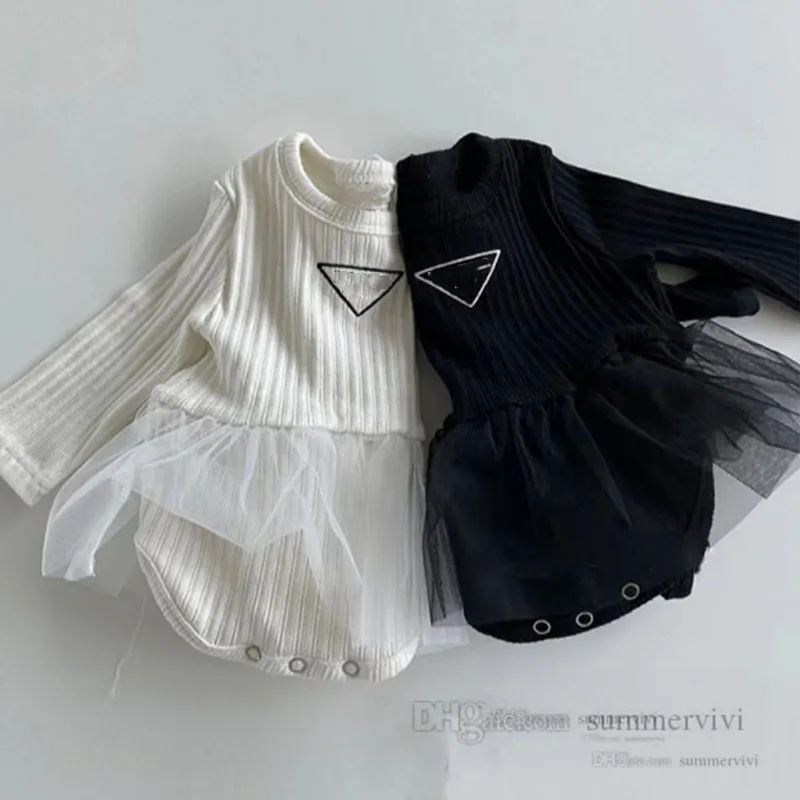 ins bade girms triangle letter embroidery romper fashion kids splicing lace tulle dress jumpsuits designer infant cotton princess climb close