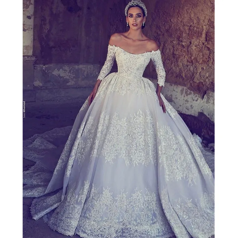 Princess Dubai Arabic Ball Gown Wedding Dresses Off Shoulder 3/4 Long Sleeves Lace Appliques Ruched Wedding Bridal Gowns brautkleid