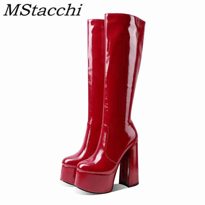 Boots Mstapchi Lacquer Leather Women Motorcycle Boat Street Style Round Nose Square Heel Platform Hand made Shoes Botas Altas Mujer 220903