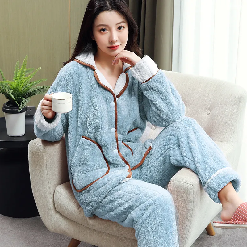 Womens Sleepwear Embroidery Flowers Pajama Sets Women Winter Thermal Coral Velvet Tender Single Breasted Simple Pockets Nightwear Thick Pajamas 220902