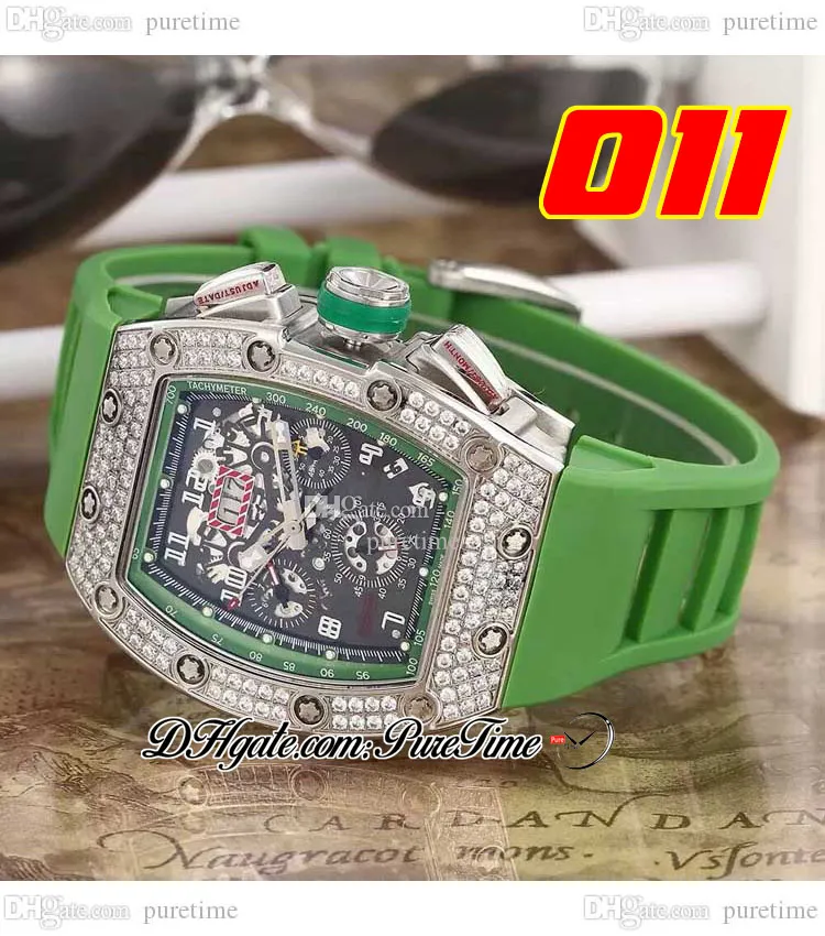 011 A21J Automatisk herrklocka stålfodral diamanter Bezel Black Skeleton Dial Big Date Green Rubber Strap 7 Styles Watches Puretime A1