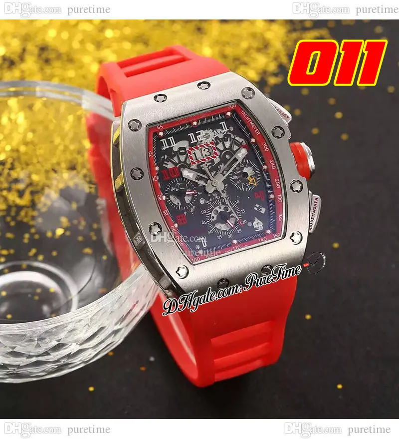 011 A21J Automatic Mens Watch Steel Case Skeleton Dial Big Date Red Rubber Strap 7 Styles horloges Puretime A1