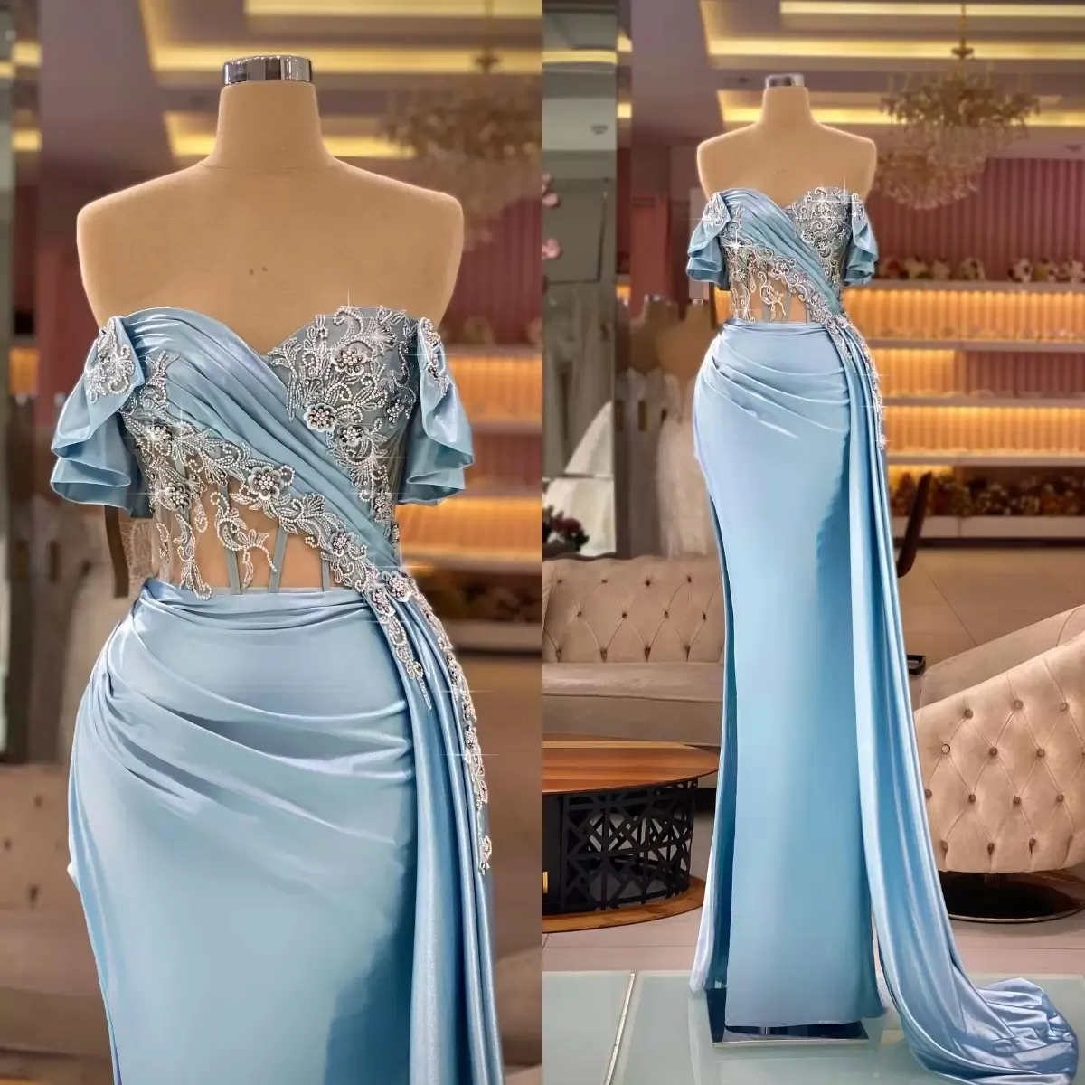 Sky Blue Mermaid Prom Dresses Off The Shoulder Beaded Sexy High Side Split Satin Women Gowns Long Formal Evening Dress