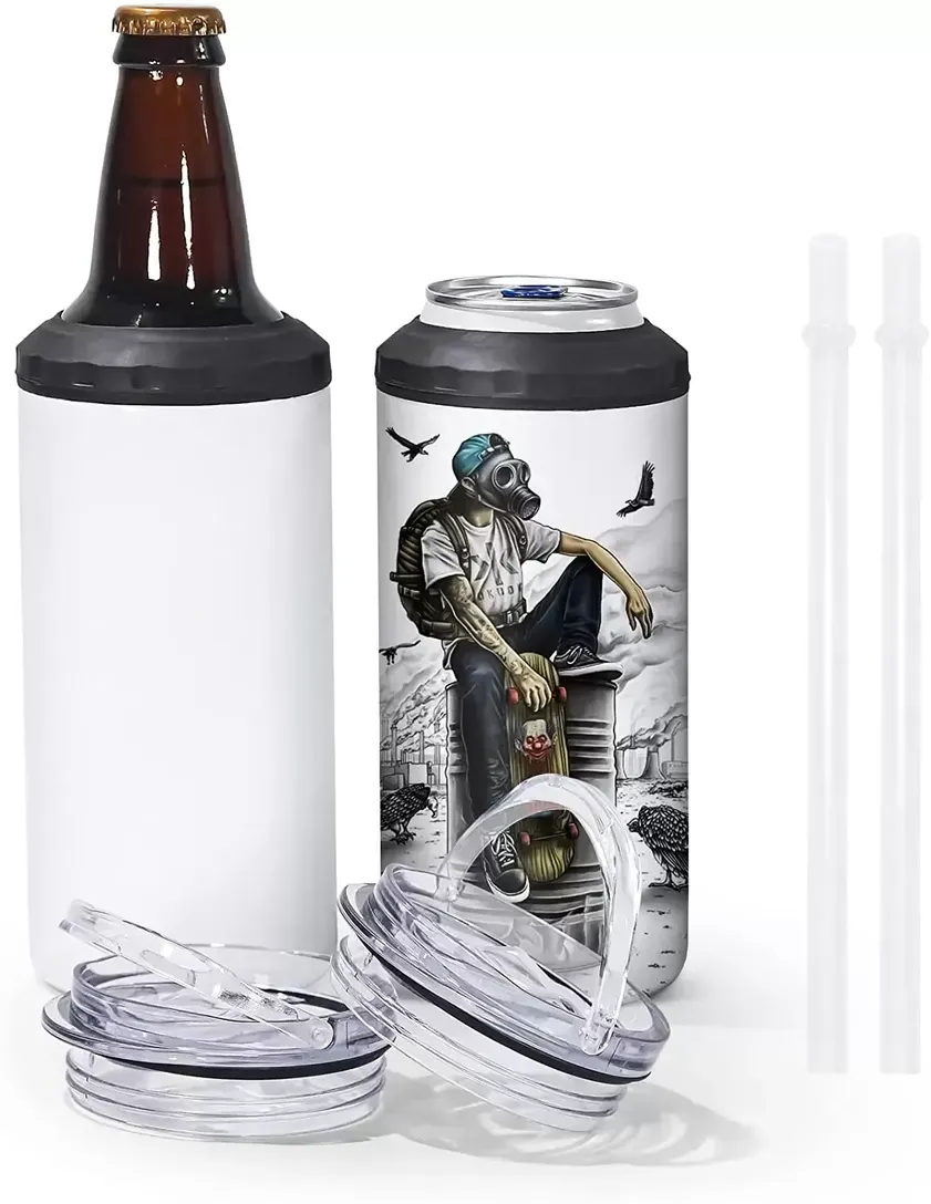 16 OZ Sublimation Can Cooler Tumblers Blanks 4-in-1 Can Insulator Adapter with Leack-Proof Lid Plastic Straw Stainless Steel Cooler 903