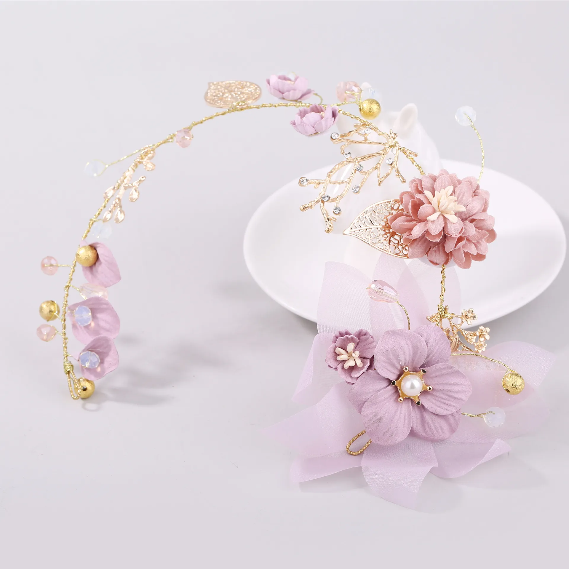 Headpieces Long Hair Jewelry Pink Flower Headpieces Wedding Ornaments Bride Headdress Bridal Decoration