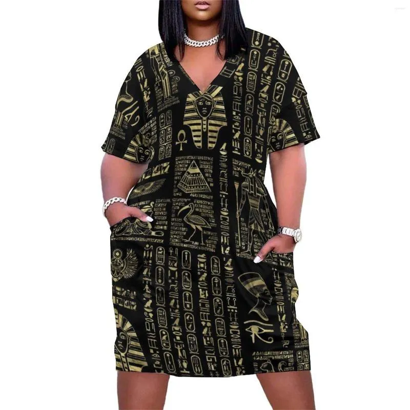Plus size jurken retro letter print jurk v nek Egyptische hiërogliefen straatstijl zomer moderne casual damesvestido