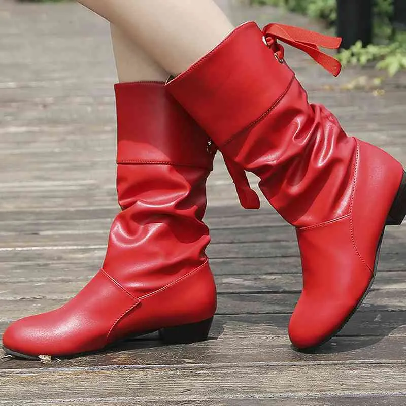 Botas mais tamanho 35 43 mulheres joelhos altas laço de costas para baixo salto baixo sapatos de inverno bota preta botas mujer barco neve feminino vermelho 220903