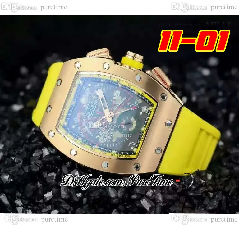 2022 11-01 A21J Automatic Mens Watch Rose Gold Black Skeleton Dial Big Date Yellow Rubber Strap 6 Styles Watches Puretime B2