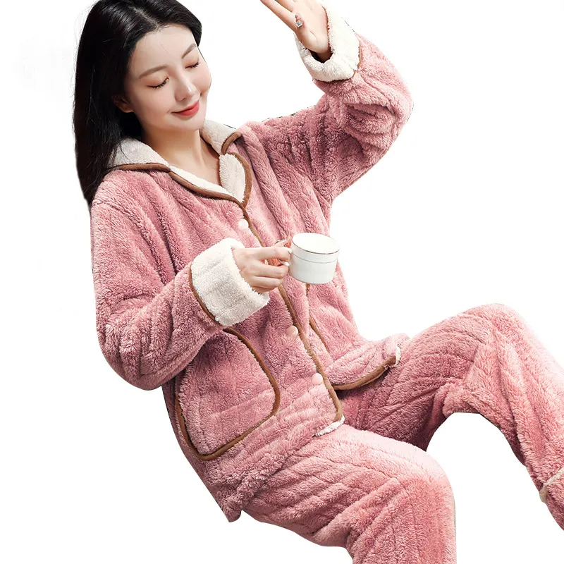 Womens Sleepwear Embroidery Flowers Pajama Sets Women Winter Thermal Coral Velvet Tender Single Breasted Simple Pockets Nightwear Thick Pajamas 220902