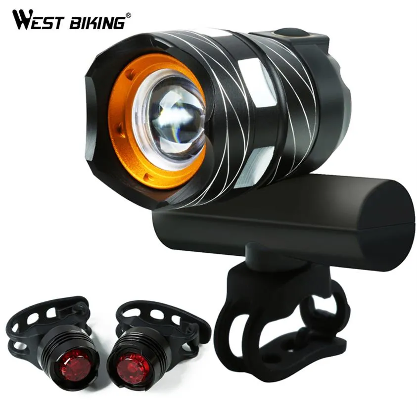 West Biking Zoomable Bicycle Light USB充電式防水1200lm T6 LEDバイクフロントヘッドライトサイクリングテールライトバイクライト2171