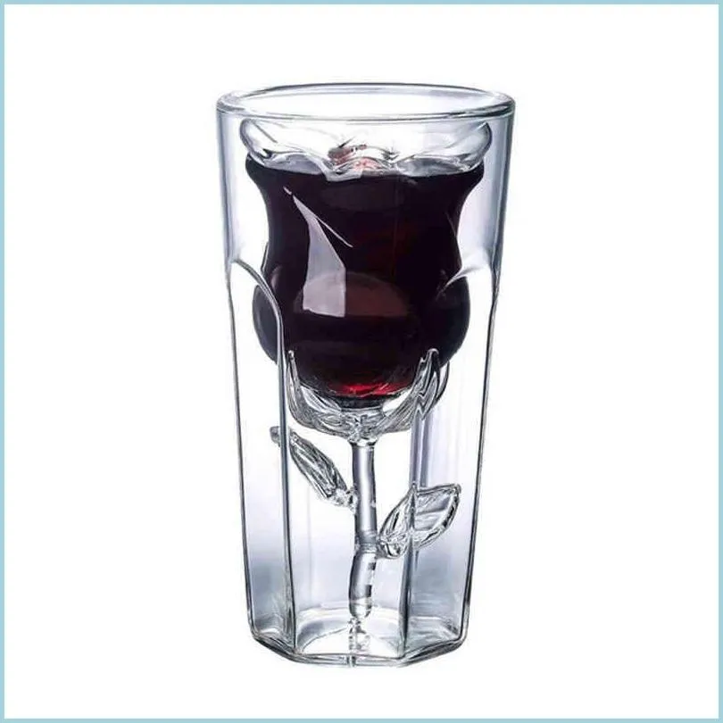 Verres à vin 2 pièces en forme de Rose Double paroi Copo Gafas Vetro Bilayer verre à vin Cocktail liqueur tasse Vaso ménage Bar amoureux cadeau de noël D Dh5M4