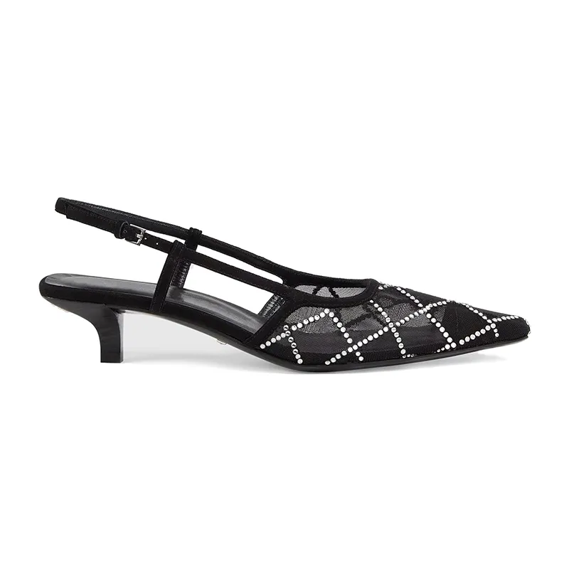 Damdesignersandaler Slingback Skor Ihåliga Genomskinliga Tofflor Mesh med Kristaller Sandal Spänne Stängning Stiletter Modetofflor Låga klackar 3,5 cm