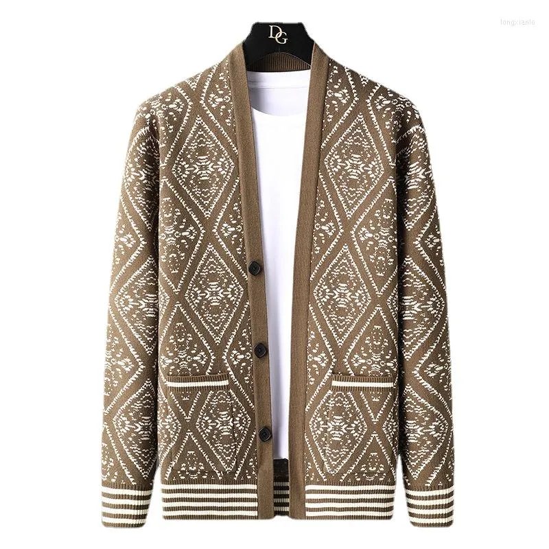 Herrtröjor stickade V-Neck Cardigan Men's 2022 Spring and Autumn Korean version Slim Trend Jacquard Casual tröjajacka