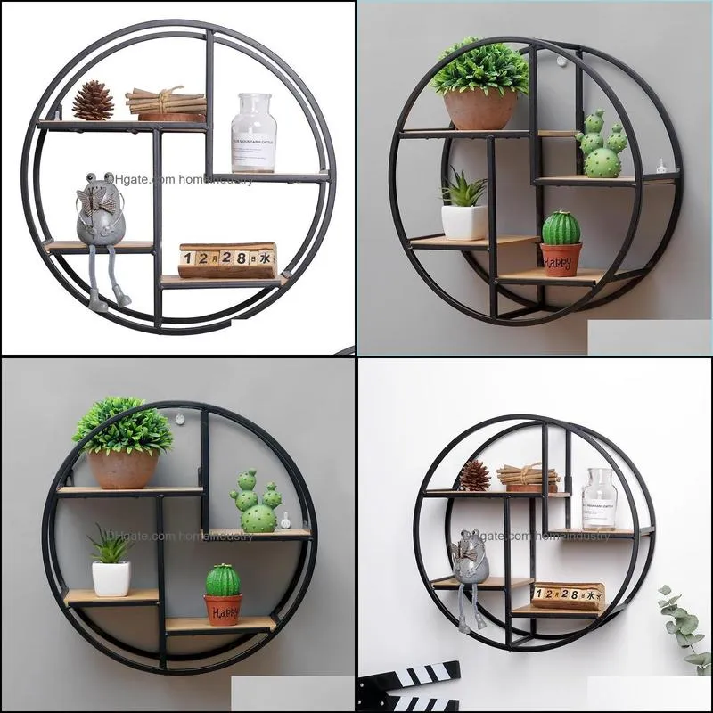 retro round wooden metal wall hanging shelf office sundries art storage rack home decorative craft holder racks y200429