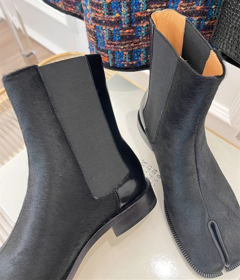 Tabi Boots: Split Toe Chunky Heel Knee High Leather Boots