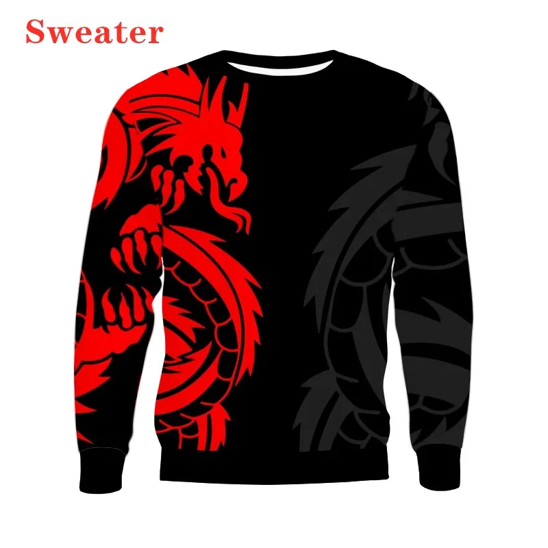 Molus de moletons masculinos outono/inverno novo 3d Red Dragon Print capuz Europeu e Americano Sweter Loose Pullover