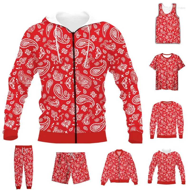 Trass de pilotos masculinos Funny Funny 3D Print Bandana Red Paisley Camiseta/moletom/moletom zip/jaqueta fina/calça Four Seasons Casual