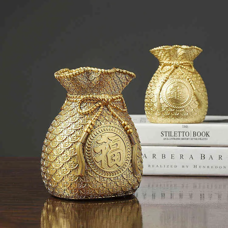 Dekorativa föremål Figurer Jieme Lucky Bag Piggy Bank Harts Ornament Living Room Counter Desktop Decoration Golden Fortune Bag Handicraft Gifts T220902