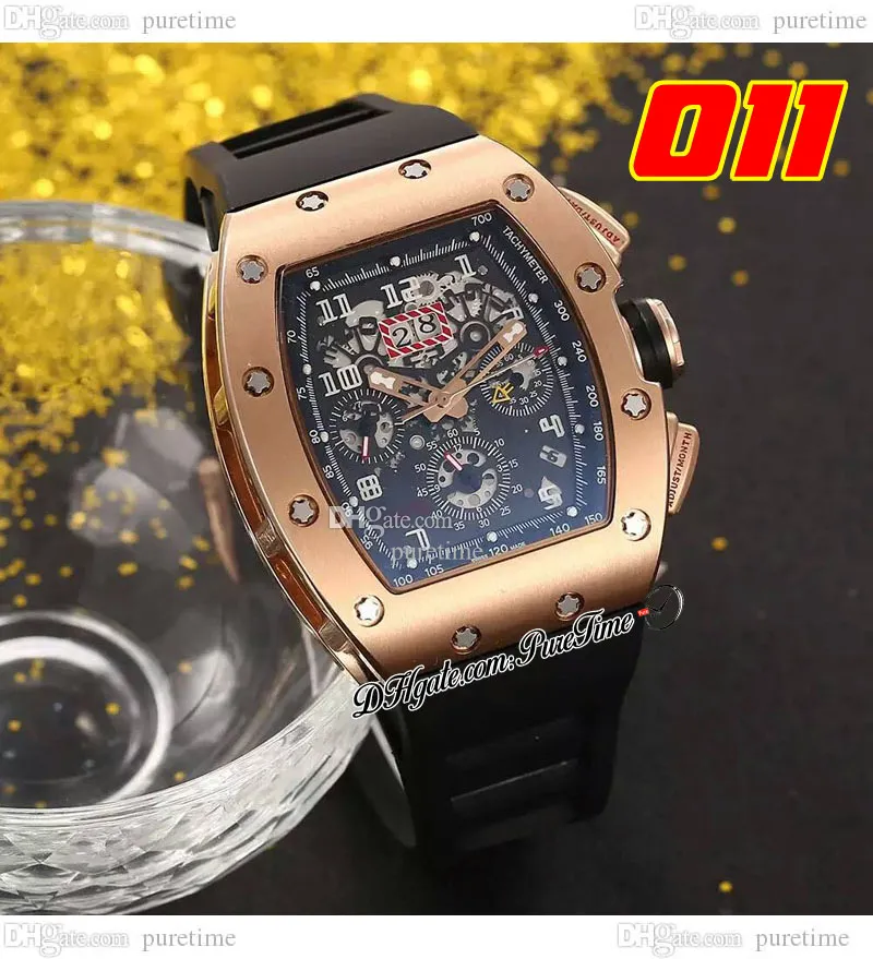 011 A21J Automatyczne męskie obserwowanie szkieletu Rose Gold Cheleton Big Date Czarny gumowy pasek 7 Style zegarki Pureteme A1