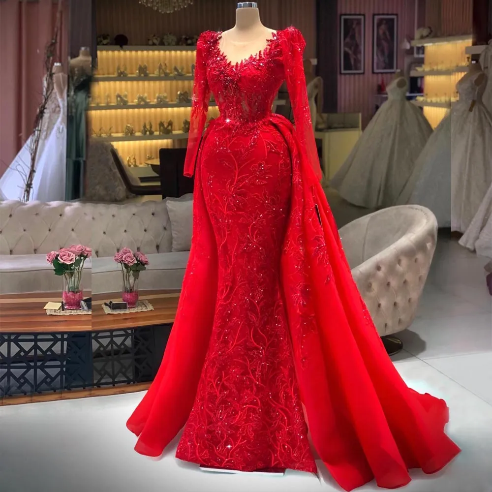 Red Mermaid Beaded Evening Dresses Long Sleeves Overskirt Lace Prom Gowns Sheer Jewel Neckline Sequined Tulle Formal Dress