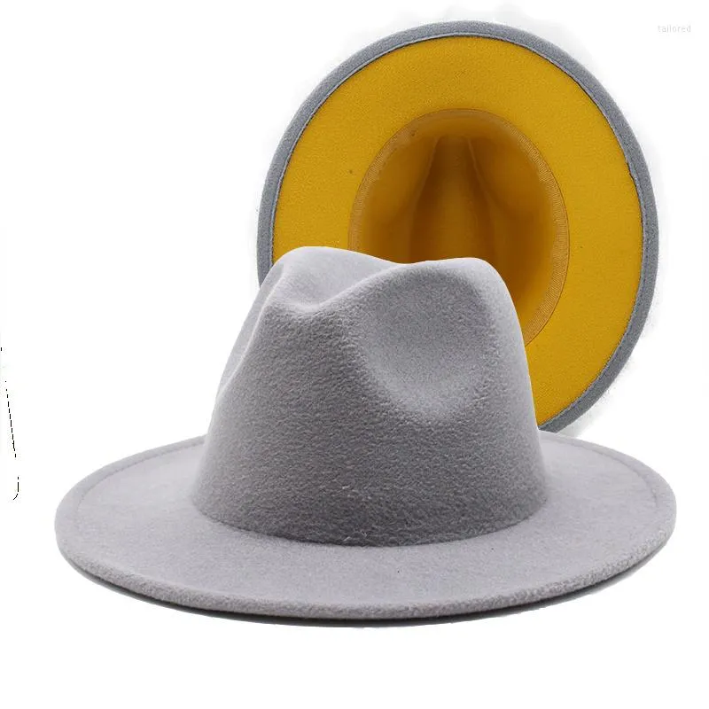 Berets Unisex ￤u￟ere graue innere gelbe Wolle Filz Jazz Fedora H￼te mit d￼nnen G￼rtelschnalle Frauen Frauen Weitkeuch Panama Trilby Cap 56-58 cm