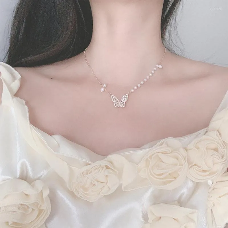 Choker Forest Natural Design Feeling Of Zircon Butterfly Pearl Necklace Fashion Small Fresh Temperament Collarbone Chain Women Jewelry