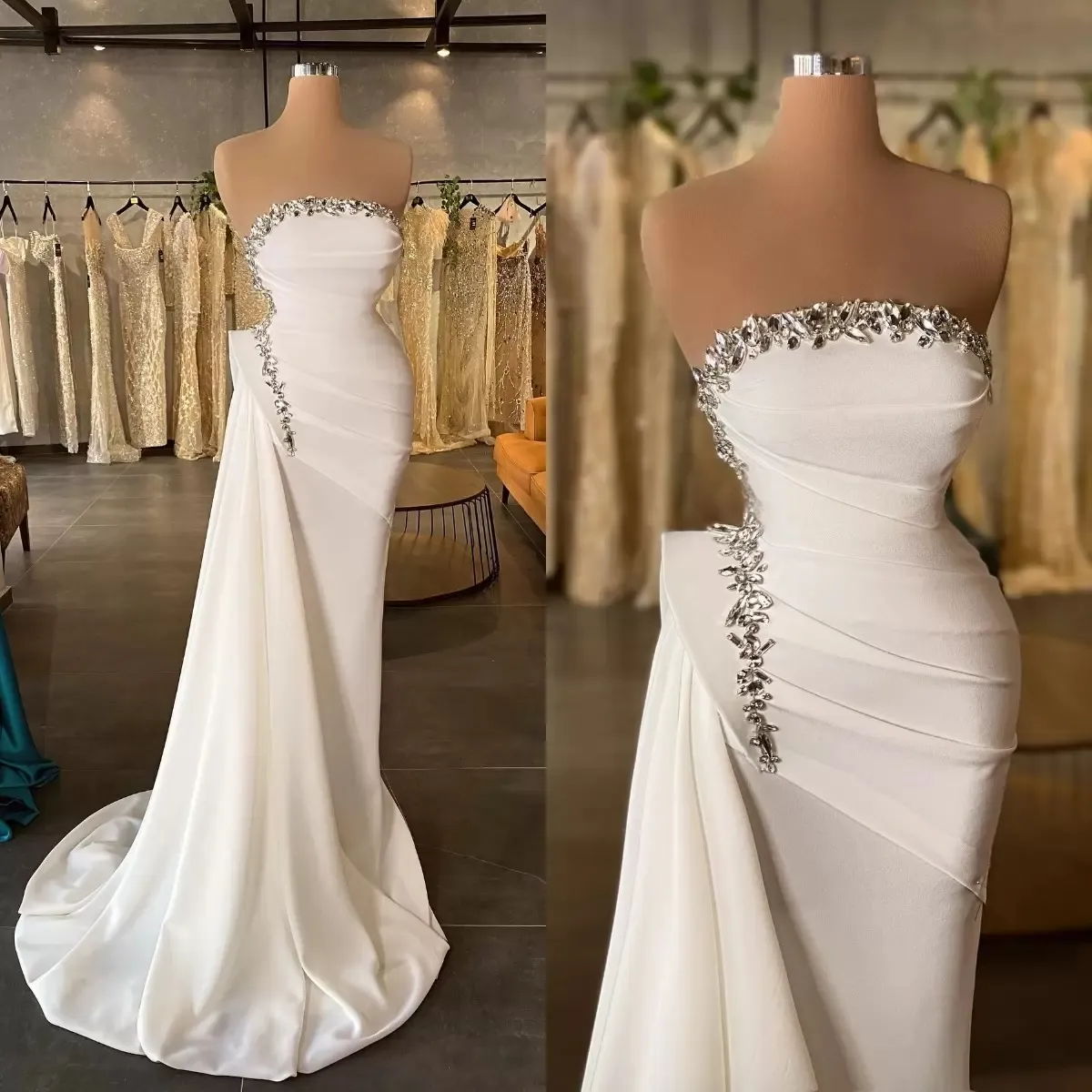 Elegante witte satijnen kralen zeemeermin galajurken strapless hals kristal sweep trein formele avondjurken