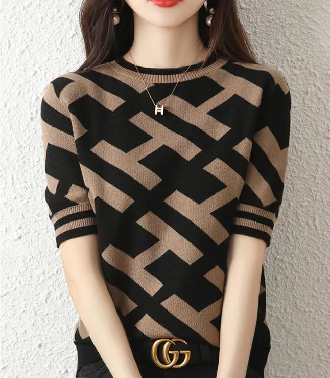 Kvinders t-shirts sommer Sweaters nye strikkede sweaters kortærmede casual H-bogstav print dameshirts Oversized pullover tees