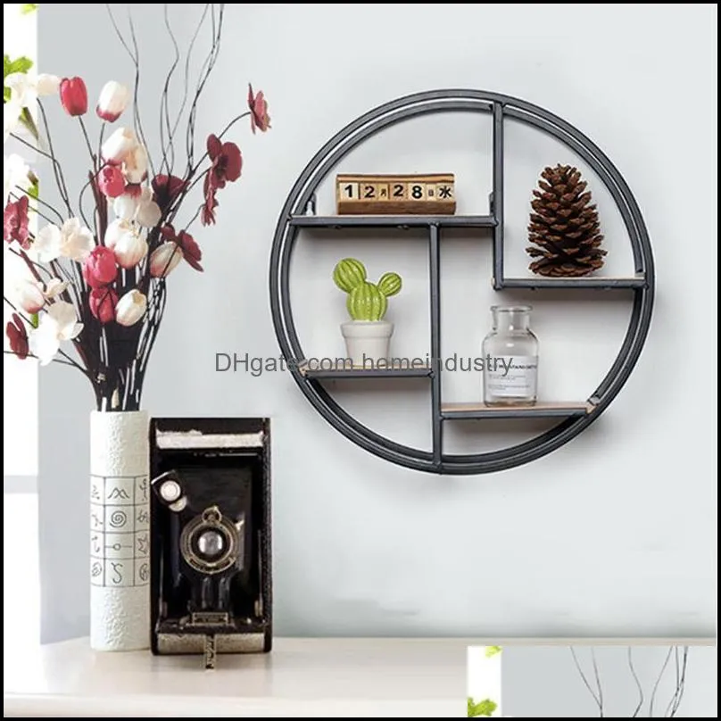 retro round wooden metal wall hanging shelf office sundries art storage rack home decorative craft holder racks y200429