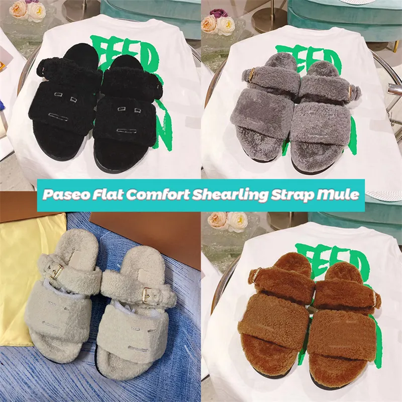 Новые дизайнерские тапочки Paseo Flat Comfort Shearling Strap Mule Cream Gognac Grey Black Fashion Women Sandals Пушистые шарлин