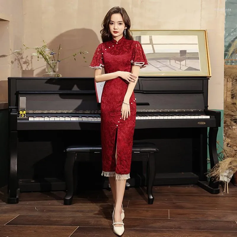 Ethnische Kleidung Herbst Winter Chinesischen Stil Dame Cheongsam Lange Enge Elegante Spitze Quaste Perle Qipao Vintage Rot Alltag Party Kleid s-3xl