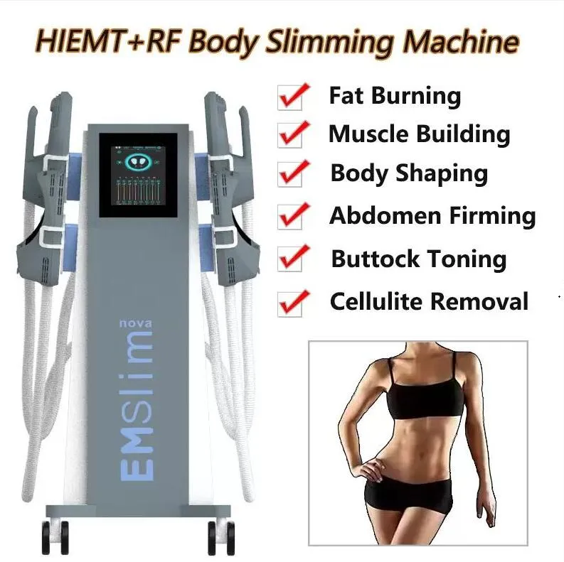 High Tech EMS Tech Neo macchina dimagrante Stimolatore muscolare elettromagnetico RF Perdita di peso 4 Maniglie Rimozione della cellulite a forma di corpo con attrezzature RF e cuscino