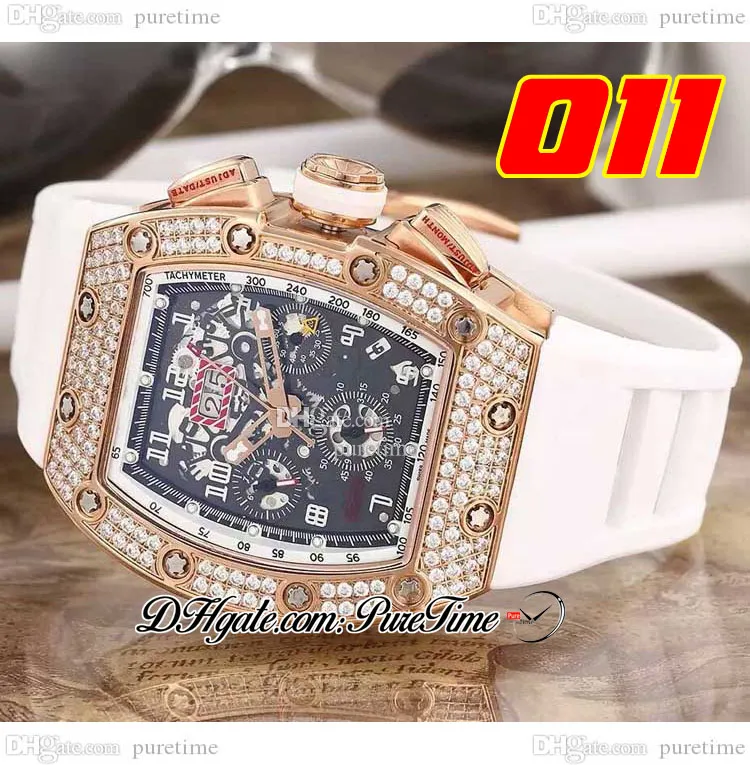 011 A21J Orologio automatico da uomo in oro rosa con diamanti lunetta quadrante scheletro nero cinturino in caucciù bianco con data grande 5 stili orologi Puretime C3