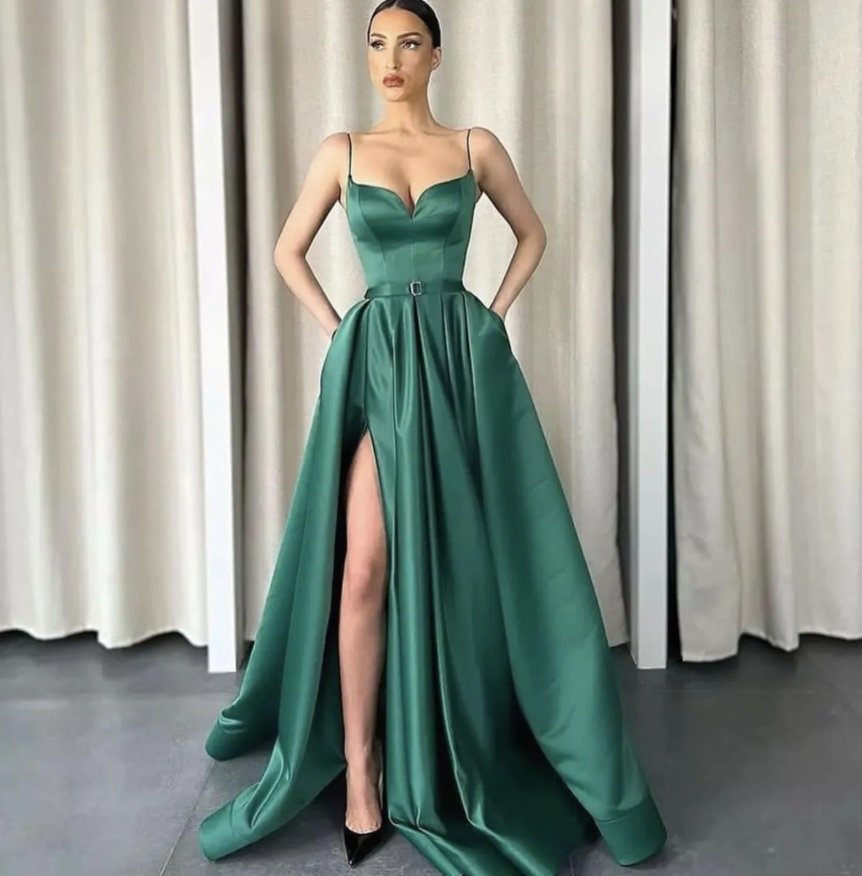 Yeşil Nedime Elbise Düğün Partisi Konuk Elbise A-Line Junior Hizmetçi Onur Elbise Tam Uzunluk Yan Bölme