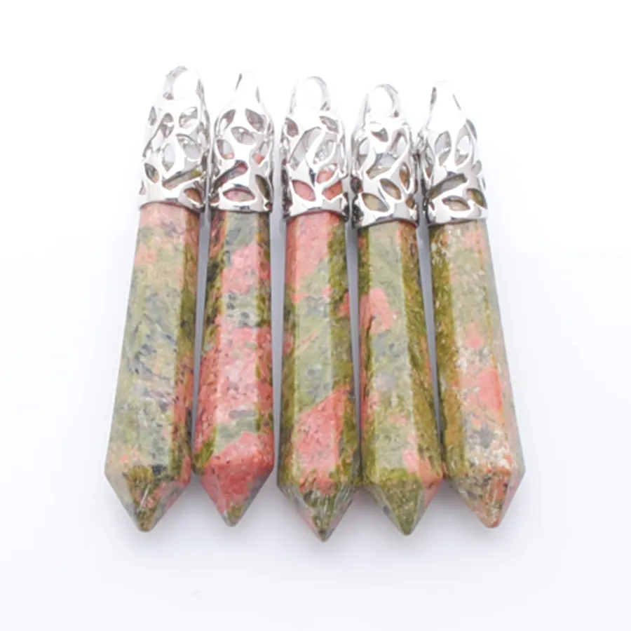 Natuurlijke Unakite Jaspers Gem Stone Long Wand Point Pendulum Pendant Hexagon Healing Chakra Reiki Pendant N3001