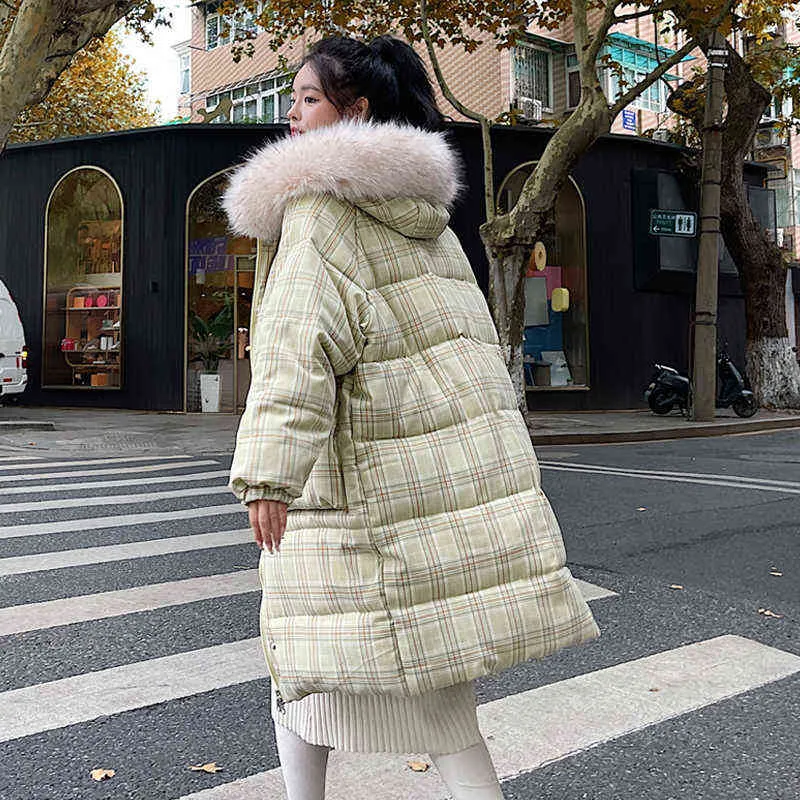 Women's Down Parkas Women's jackets 2021 winter fashion plus size ladies parker down cotton hooded big fur collar padded jacket plaid jacket women T220902