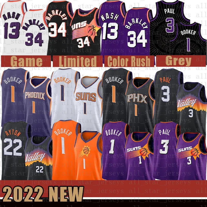 Phoenixs Sun Basketball Jersey 13 34 Devin Booker Chris Paul DeAndre Ayton 2022 Hommes 1 3 22 Steve Nash Charles Barkley Violet