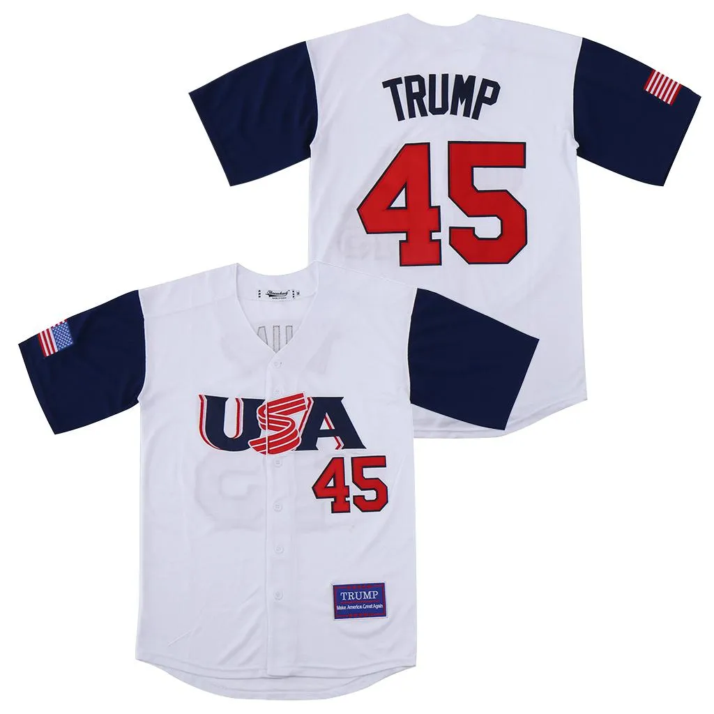 College Wear Clearance Sale USA 45 Donald Trump Jersey Baseball Stadium 고품질 자수 45에 다시 미국을 위대하게 만듭니다.