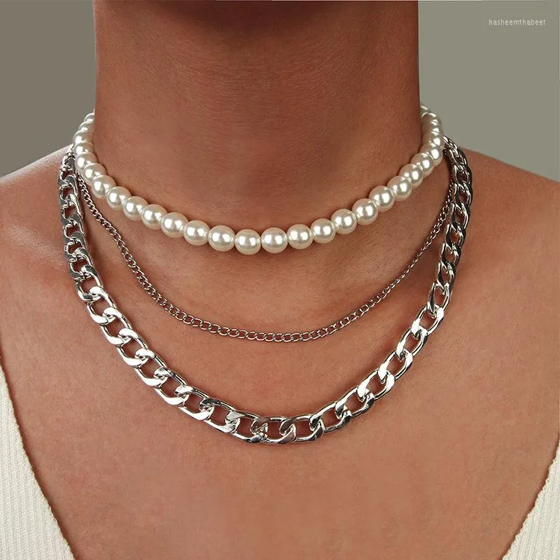 Подвесные ожерелья 2022 Серебряное металлическое колье для мужчин Женское модное панк -стиль толстый цепь имитация жемчужного многослойного кофера