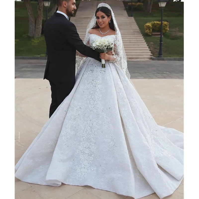 2023 robe de mariée robe de bal épaule manches longues Dubaï dentelle appliques cristal robes de mariée sur mesure princesse robes de novia 328 328