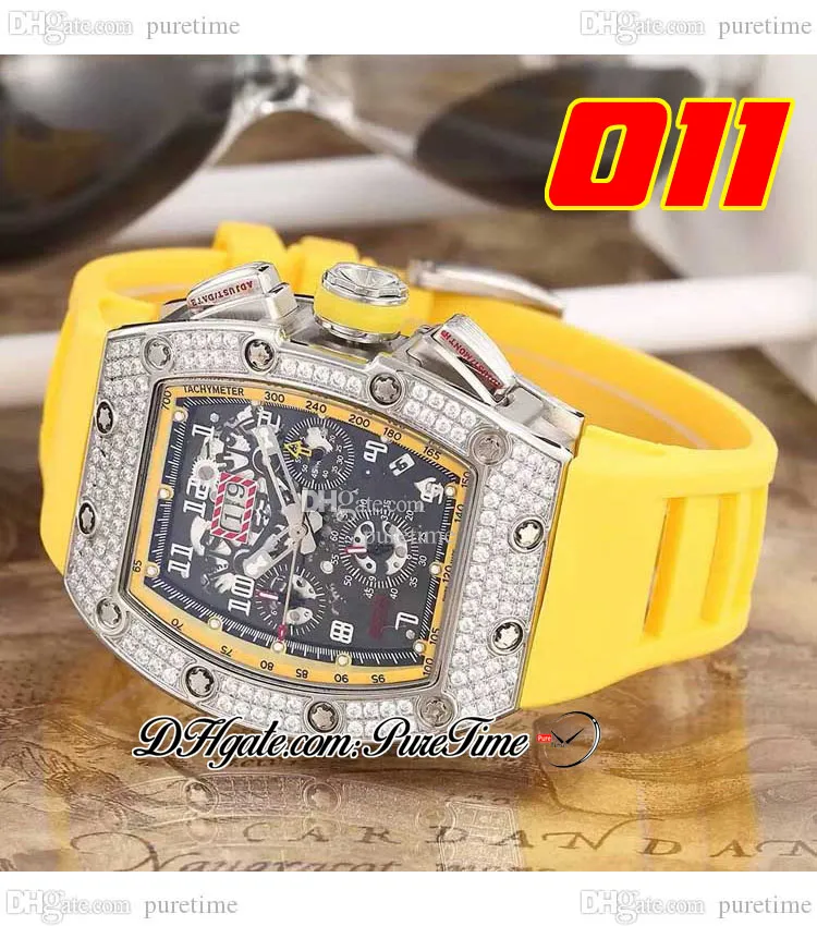 011 A21J Orologio da uomo automatico Cassa in acciaio Diamanti Lunetta Quadrante scheletro nero Cinturino in caucciù giallo con data grande 7 Stili Orologi Puretime F6