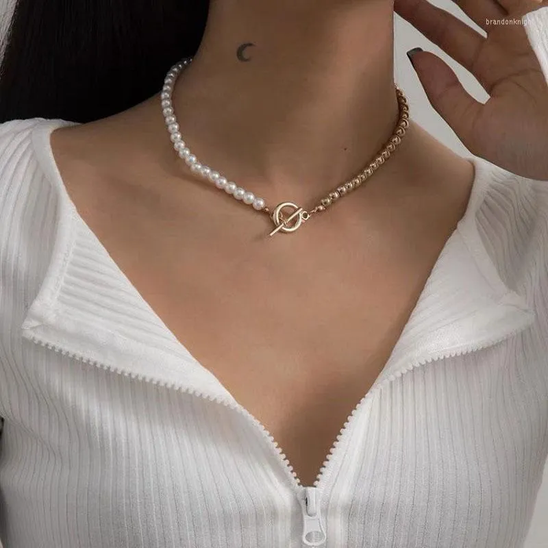 Chains Fashion Imitation Pearls Bead Chain Necklaces Female Classic OT Clasp Gold Silver Color Beads Necklace For Women Jewelry