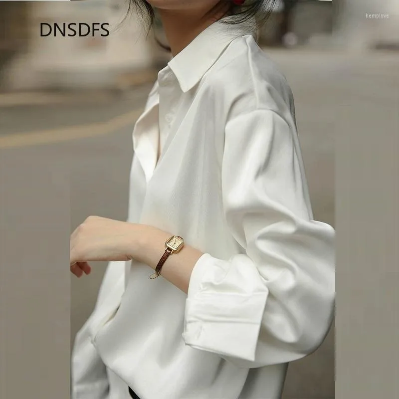 Damesblouses satijn zijden shirt herfst spring kantoor knop chic drop schouder blouse vrouwen witte top losse straat shirts ropa para