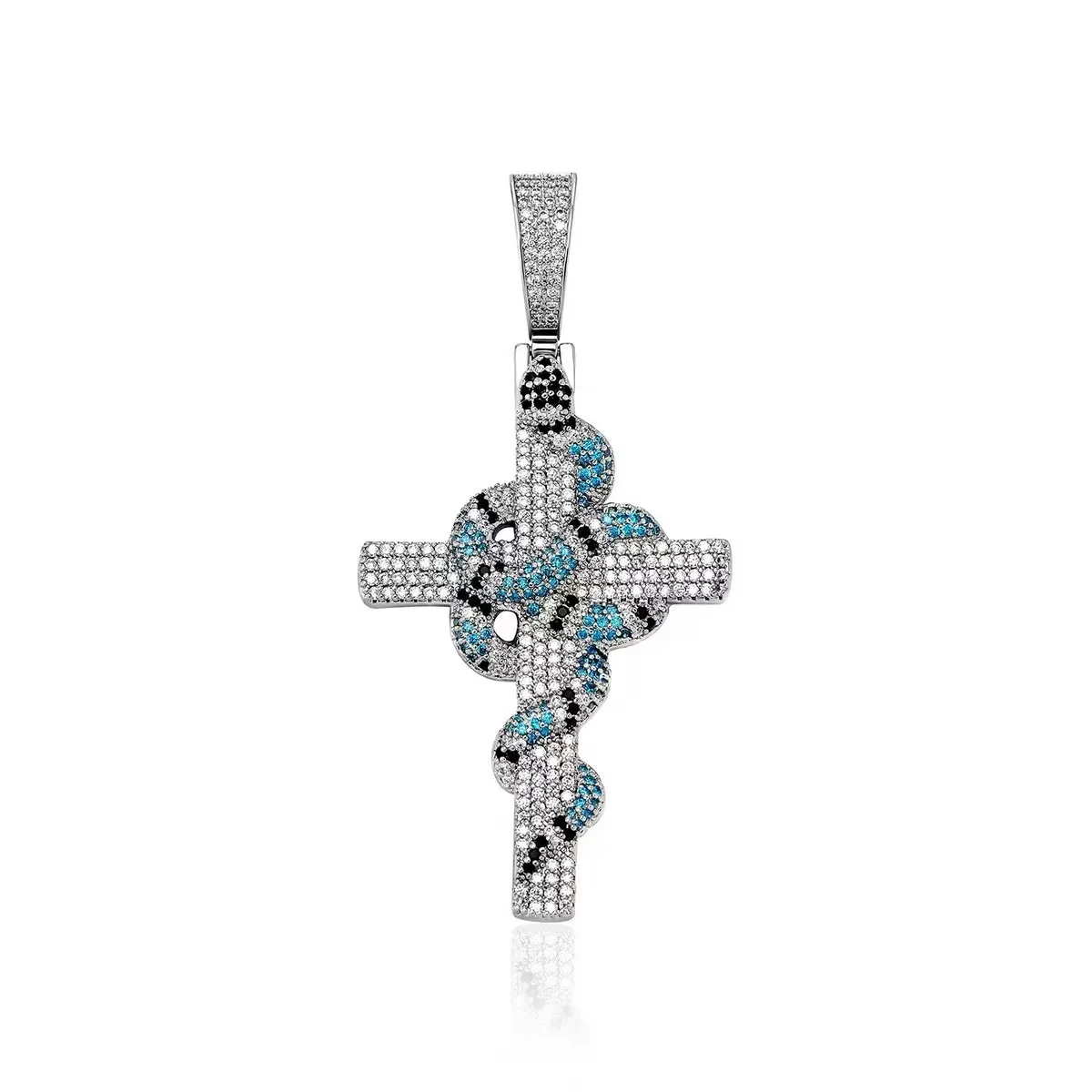 Hip Hop coloré serpent croix pendentif collier Bling bijoux religieux pleine zircone cubique