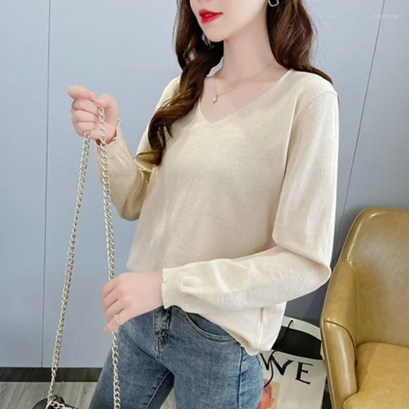 Women's Sweaters Women's Beige V-neck Fall Long Sleeve Loose Tops Slim Woman Pullover Knitted Sweater Jumper Spring Top Cloth Clothes