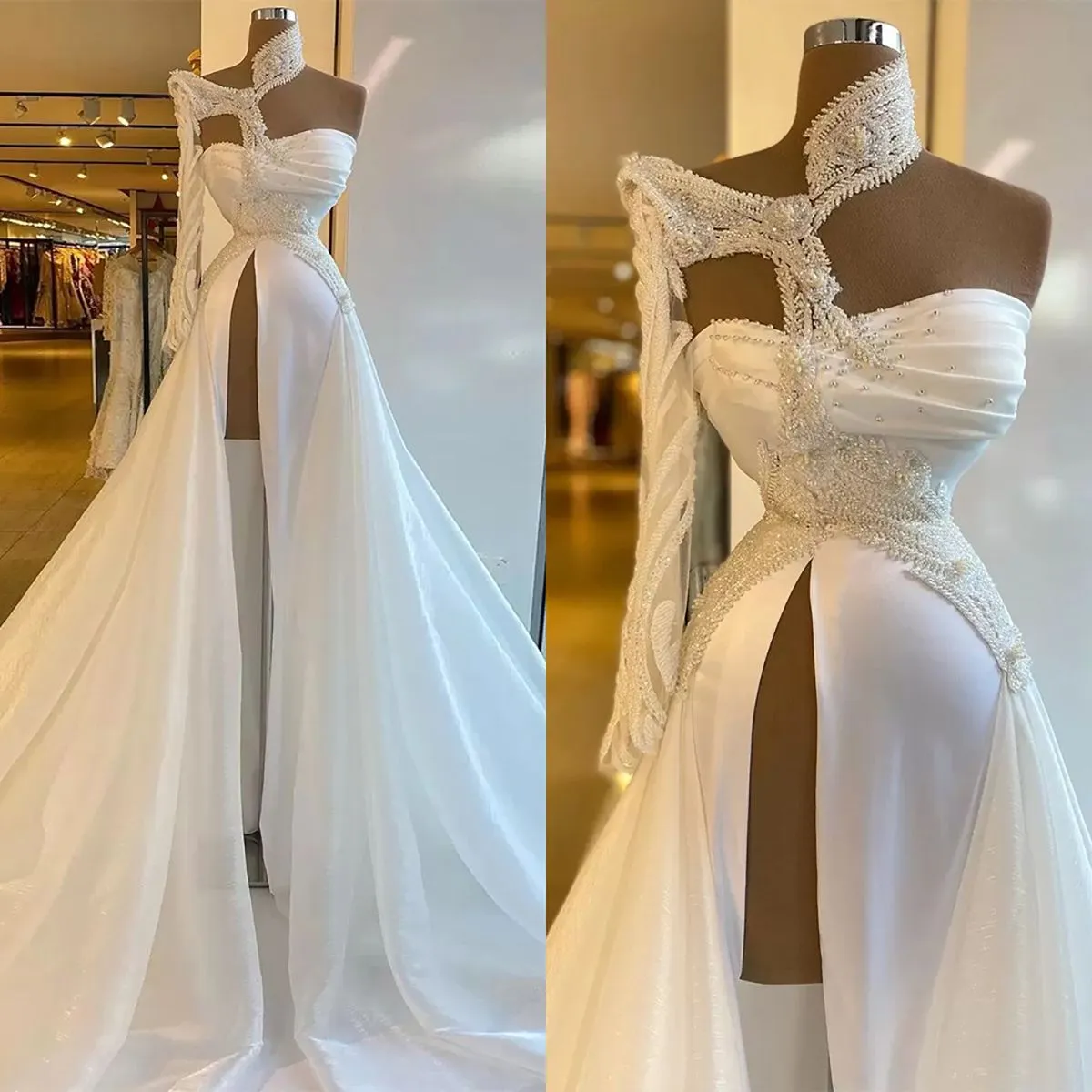 Designer Ivory 2023 Prom Dresses High Neck Long Sleeves Side Slit Satin Custom Made Lace Beaded Pleats Ruched Plus Size Evening Party Gowns Vestido