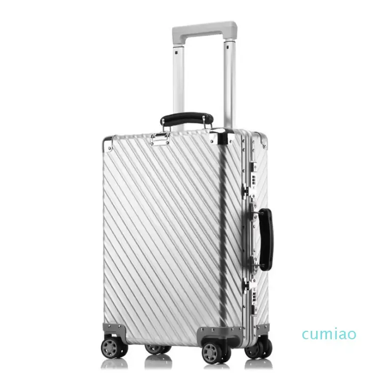 Valigie da 20 "" pollici valigia di lusso Trolly borsa bagagli in alluminio vintage con ruote a cinghia di cinghia di metallo scatole di metallo a forma di metallo vaccino vacili per viaggi con cinturino con cinturino