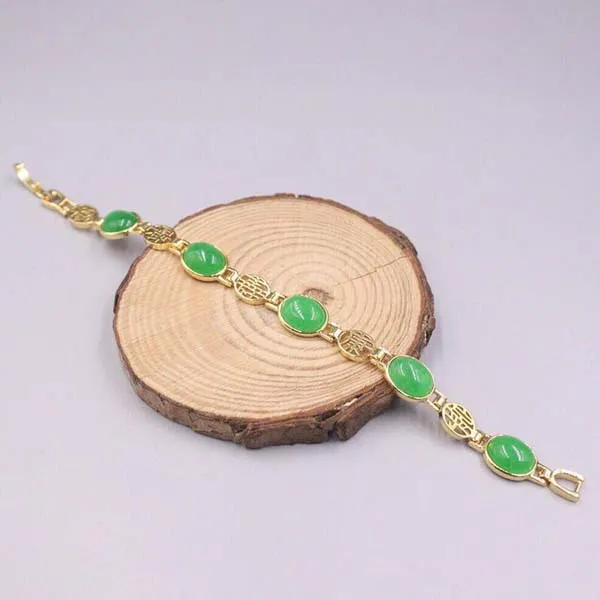 Elegant Oval Green Jade Bracelet Bead With Yellow Gold Plated Link 7.25"